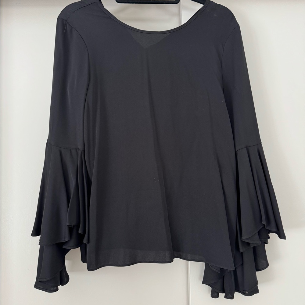 Black Blouse with Bell Sleeves and Ruffled Asymmetrical Design